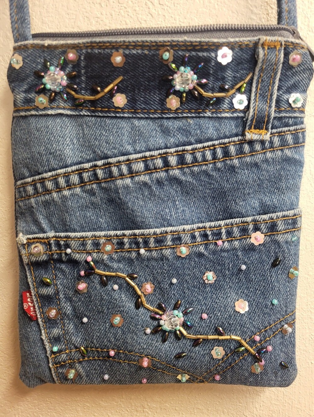 Handcrafted Red Label Levis Embellished Denim Crossbody Bag - Floral Sequins - Picture 11 of 16